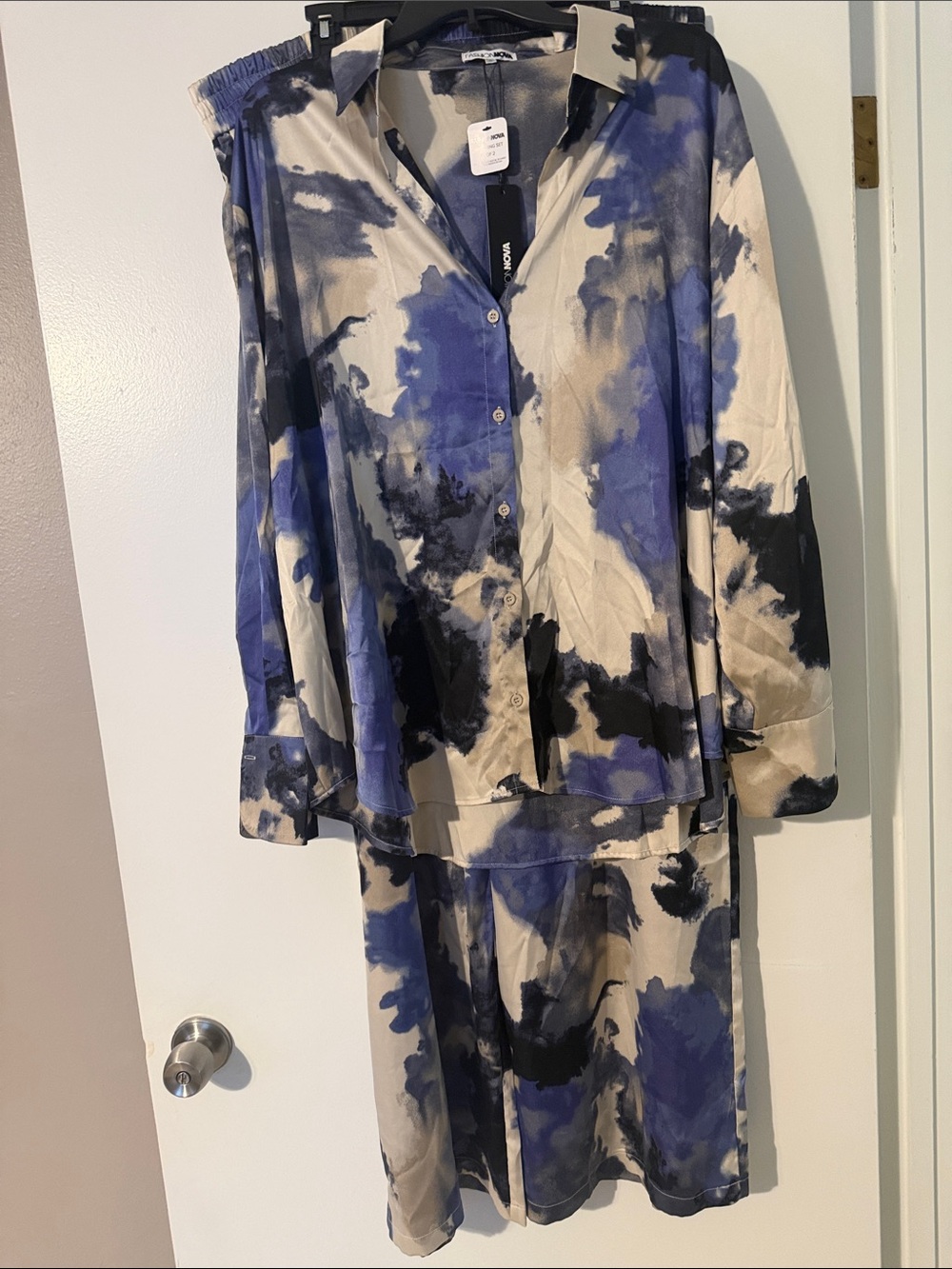 Fashion Nova Blue, Black and Cream Tie-Dye Jumpsuit
